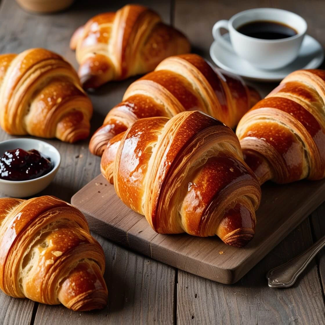 Golden, flaky Gipfeli pastries on a white plate, served with a cup of coffee for a traditional Swiss breakfas