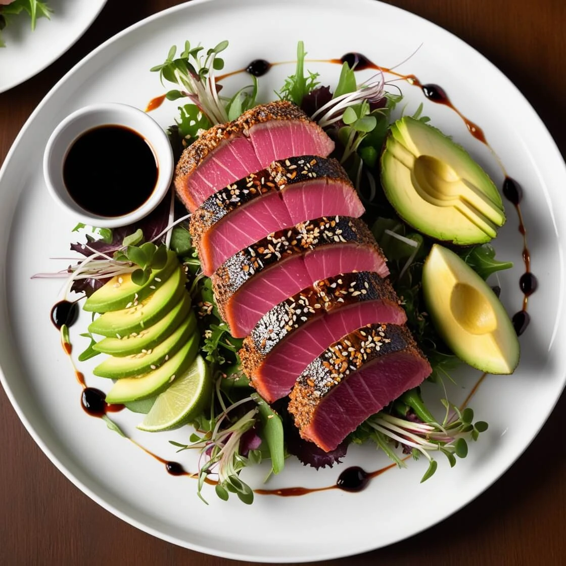 Seared ahi tuna steak with a golden crust and fresh garnish