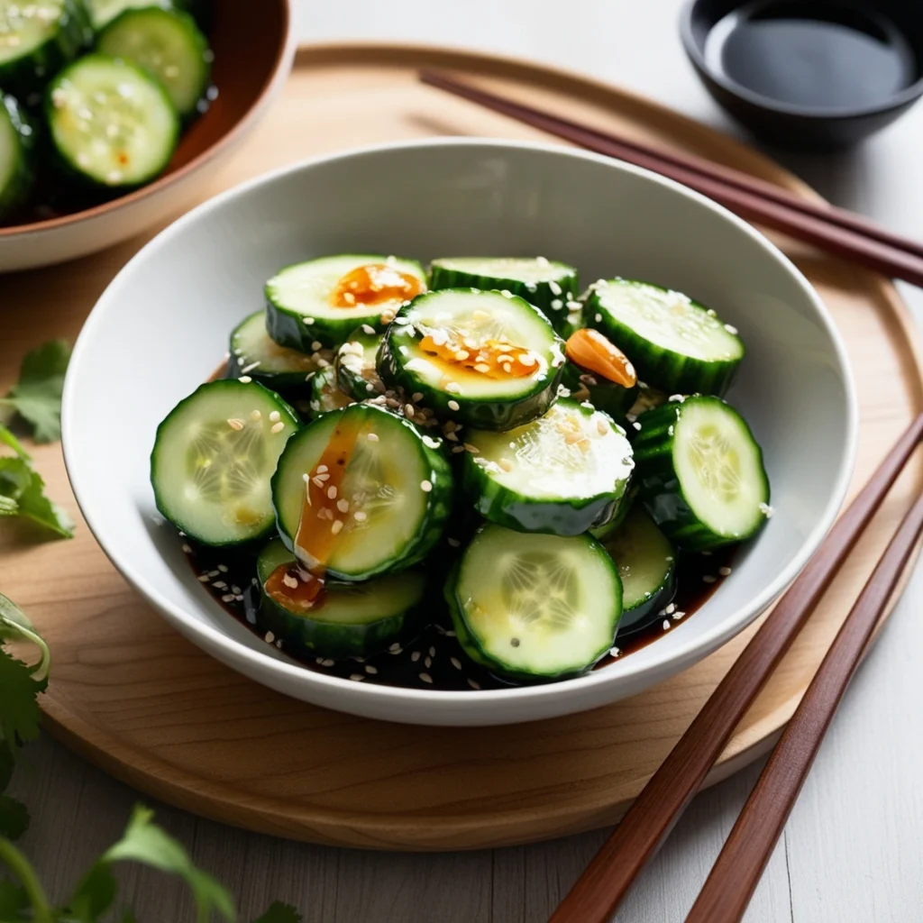 Din Tai Fung's cucumber salad served in a white bowl, garnished with sesame seeds and drizzled with a tangy soy sauce and garlic dressing.