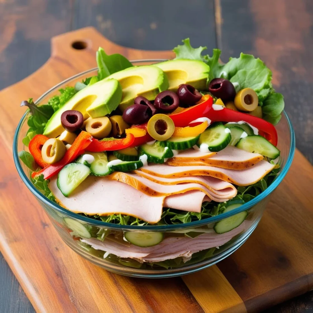 Low-carb sub in a tub with mixed greens, deli meats, crunchy vegetables, avocado, and a light dressing.