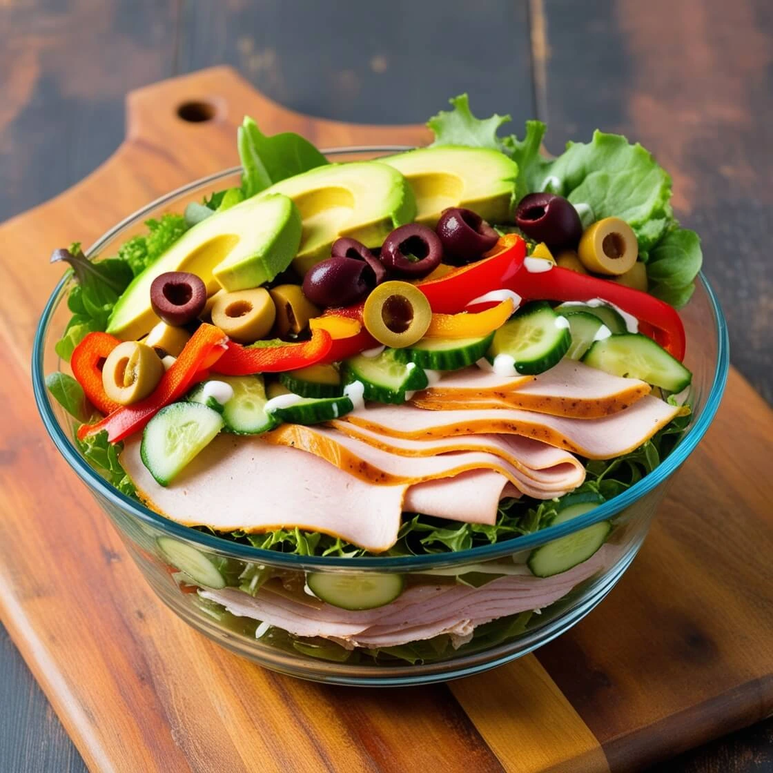 Low-carb sub in a tub with mixed greens, deli meats, crunchy vegetables, avocado, and a light dressing.