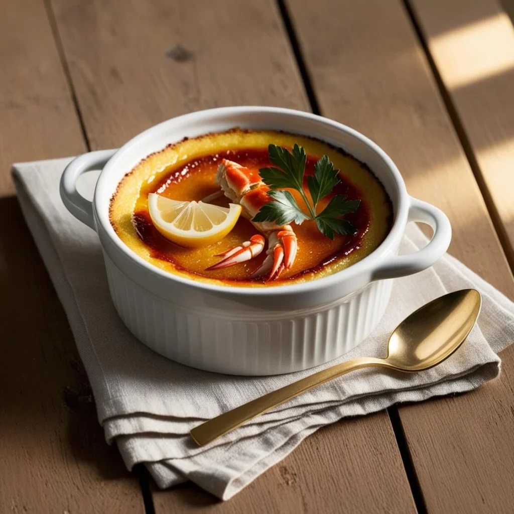 A luxurious crab brulee with a golden caramelized crust, served in an elegant ramekin and garnished with parsley, accompanied by a slice of lemon on a rustic table.