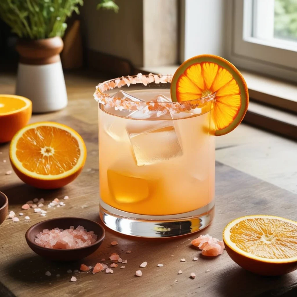 Glass of adrenal cocktail garnished with an orange slice, surrounded by ingredients like orange slices, coconut water, pink salt, and cream of tartar on a rustic wooden countertop.