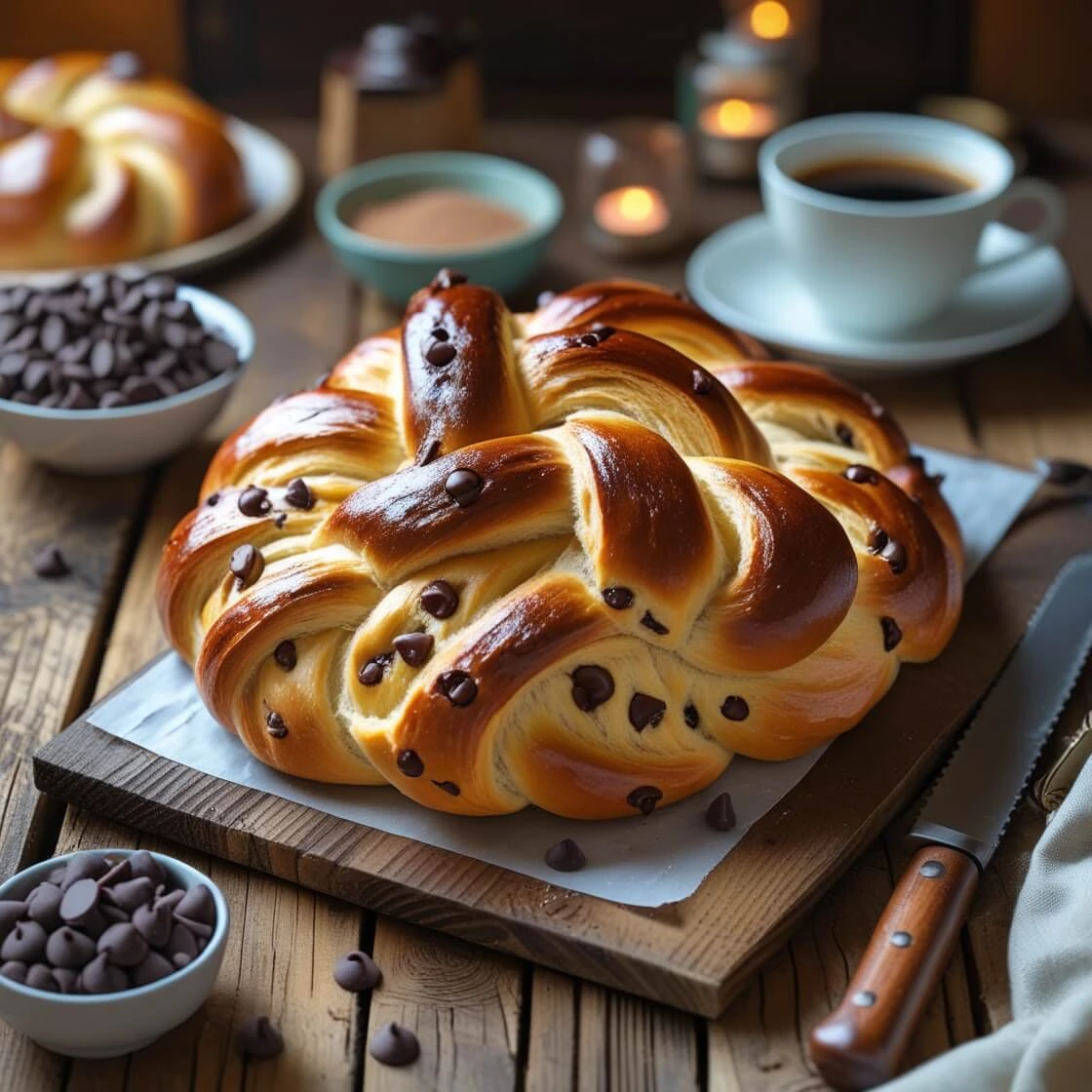 Golden braided chocolate chip brioche on a wooden table, surrounded by chocolate chips and a cup of coffee in a cozy kitchen setting.