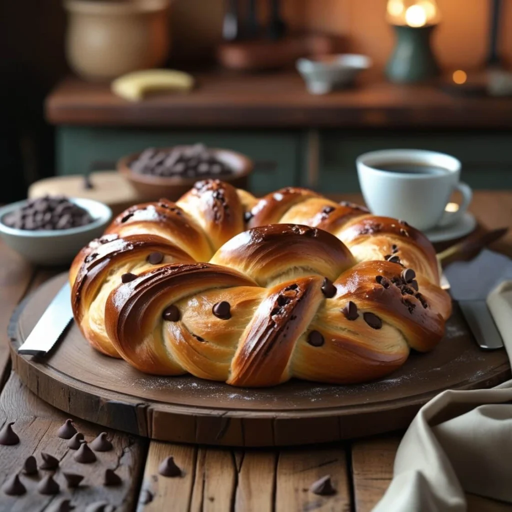 Golden brown braided chocolate chip brioche on a rustic wooden table with chocolate chips and a cup of coffee in the background.