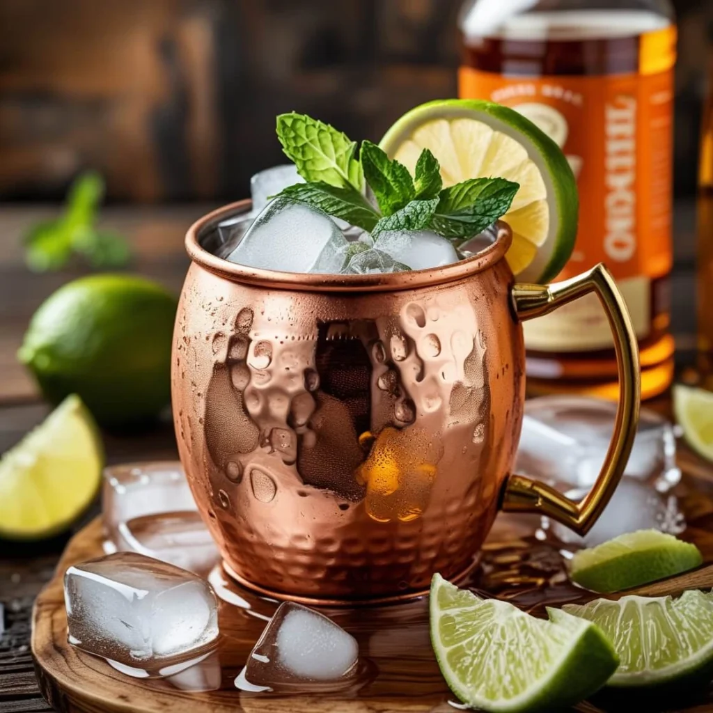 A Kentucky Mule cocktail served in a copper mug, filled with bourbon, ginger beer, lime juice, ice, and garnished with a fresh mint sprig and lime wheel.