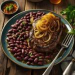 Juicy steak topped with caramelized onions, surrounded by kidney beans and black beans, garnished with fresh parsley on a rustic wooden table.