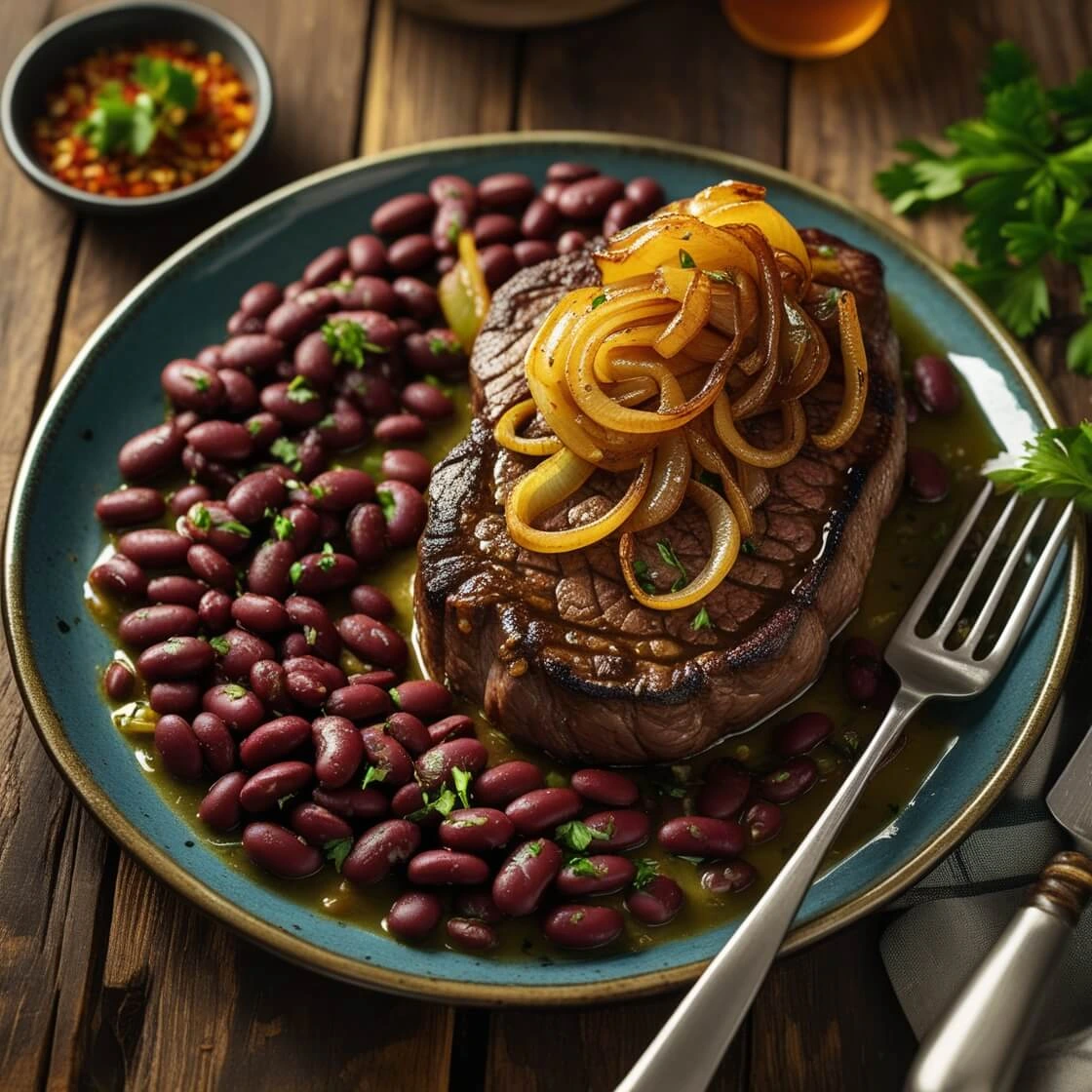 Juicy steak topped with caramelized onions, surrounded by kidney beans and black beans, garnished with fresh parsley on a rustic wooden table.