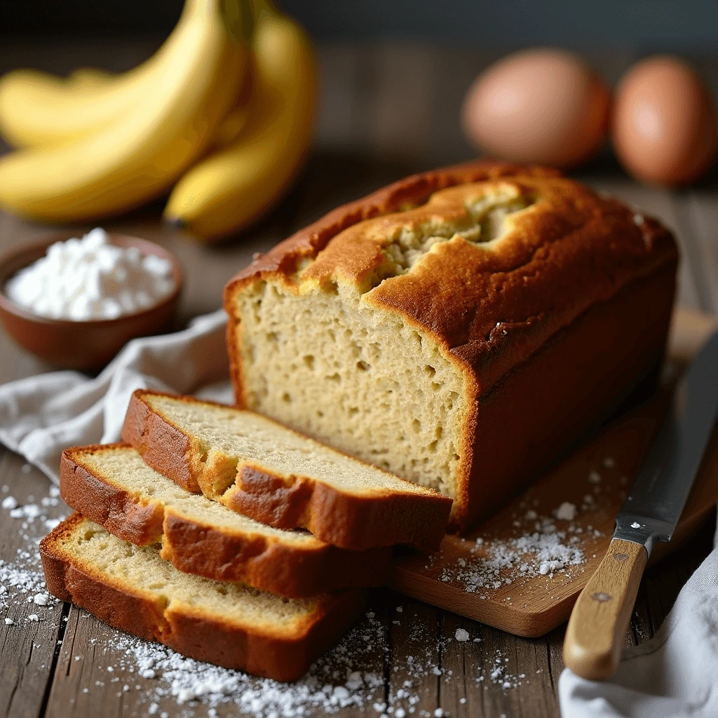 Freshly baked banana bread made with two ripe bananas, sliced to reveal its fluffy texture on a rustic wooden table