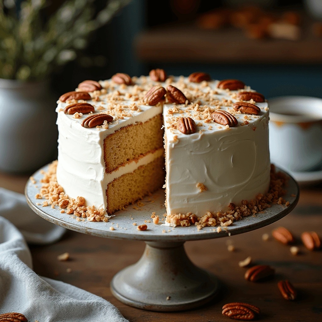 A beautifully decorated Italian Cream Cake with creamy white frosting, topped with toasted pecans and shredded coconut. A slice is cut out, revealing its moist and fluffy interior, placed on a rustic wooden table in a cozy kitchen setting