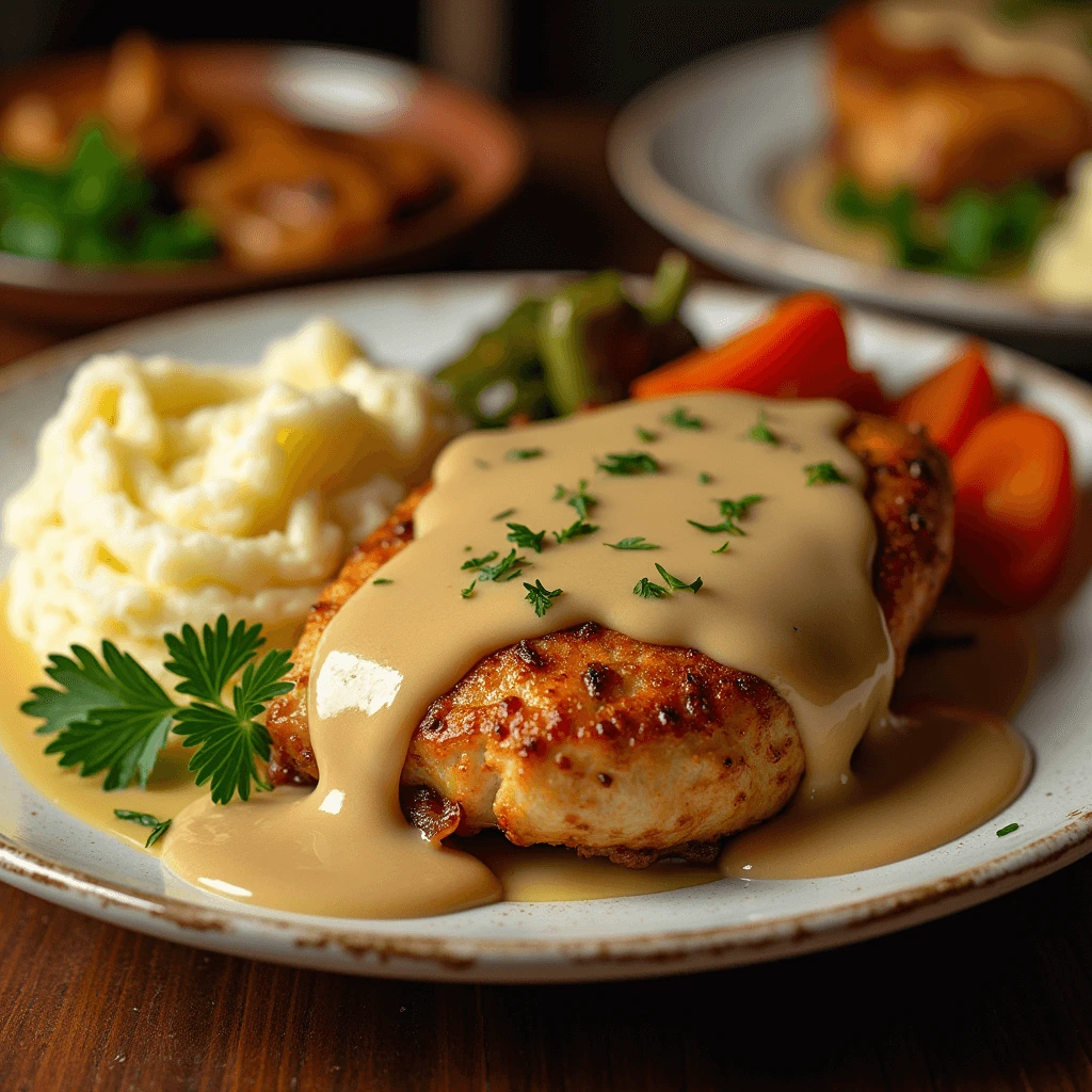 Roasted chicken served with creamy gravy, mashed potatoes, and vegetables.