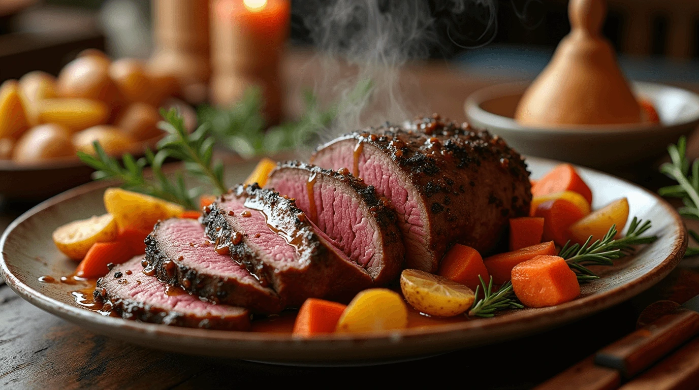 A perfectly cooked venison roast with a golden herb crust, surrounded by roasted vegetables on a wooden platter.