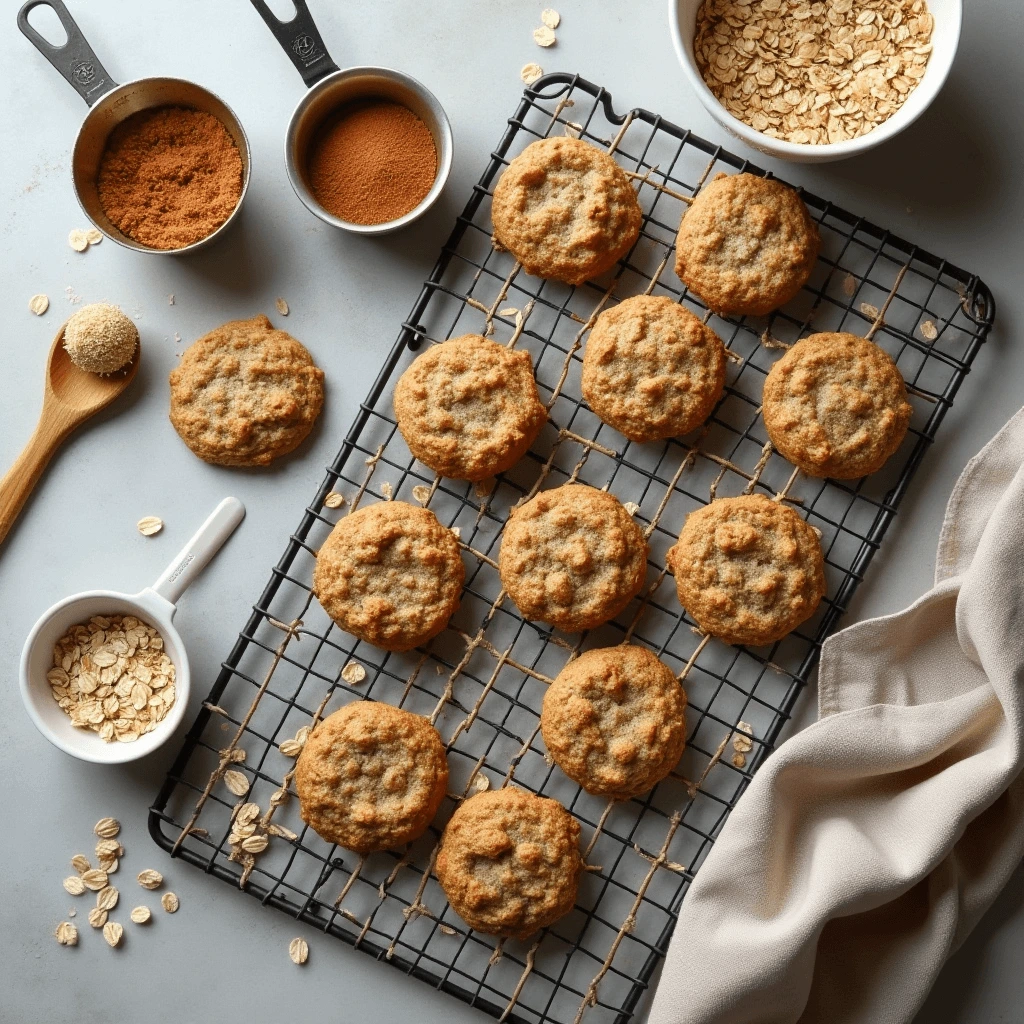 Freshly baked Quaker oatmeal cookies on a cooling rack surrounded by oats, brown sugar, cinnamon, and baking tools in a cozy kitchen setting.