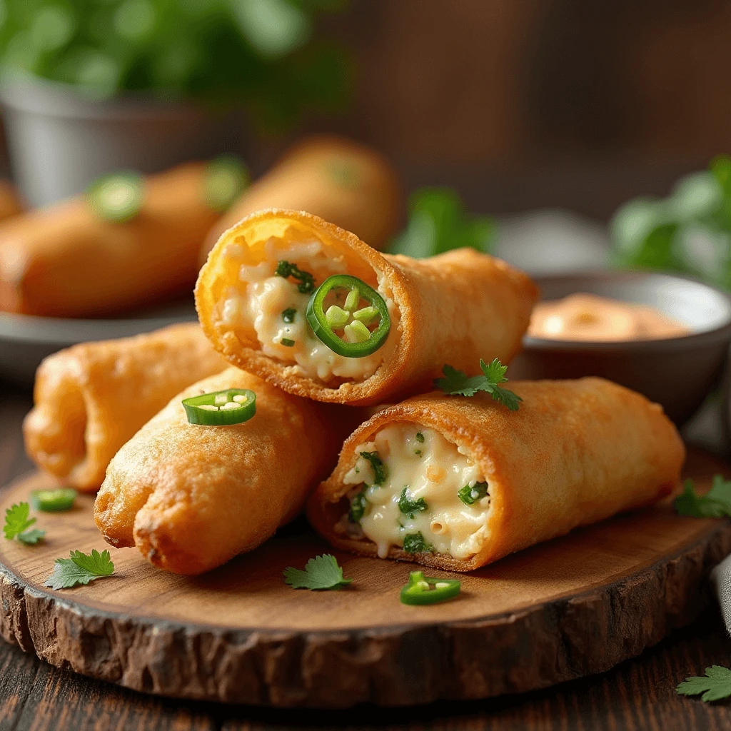 Golden-brown crispy jalapeño egg rolls cut in half, revealing a creamy cheese filling with diced jalapeños, served with a side of spicy dipping sauce.