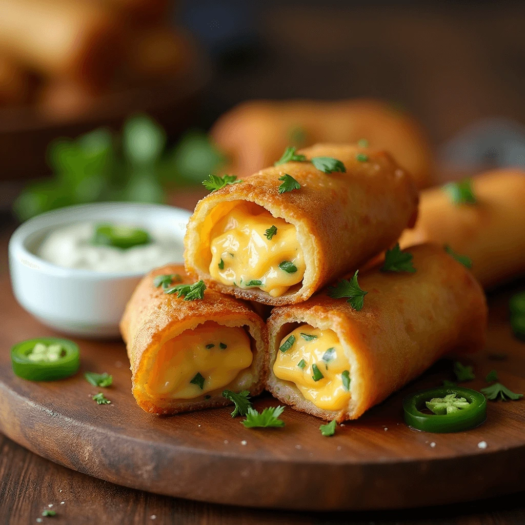 Golden-brown crispy jalapeño egg rolls cut in half, revealing a creamy cheese filling with diced jalapeños, served with a side of spicy dipping sauce on a rustic wooden plate.