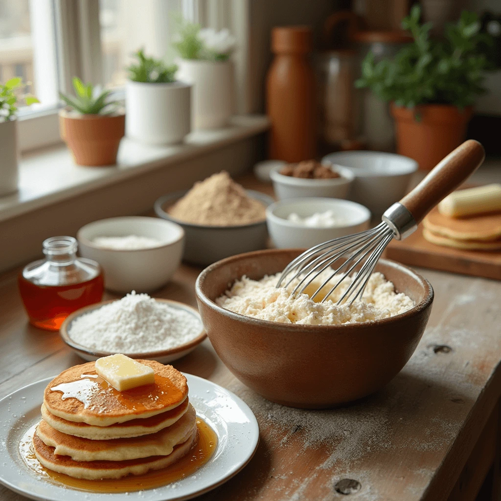 A bowl of hotcake mix ready to make fluffy pancakes with ingredients beside it.