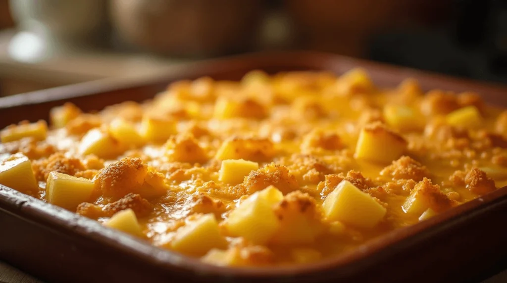 Pineapple Cheese Casserole fresh out of the oven, golden and bubbling with cheesy goodness and chunks of pineapple.