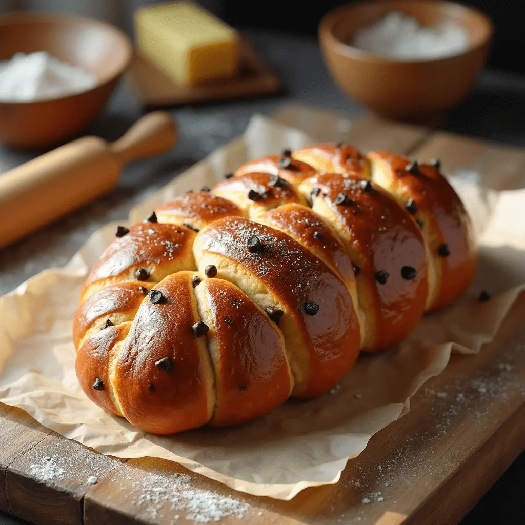Freshly baked Braided Chocolate Chip Brioche with a golden crust and chocolate chips on a wooden table.