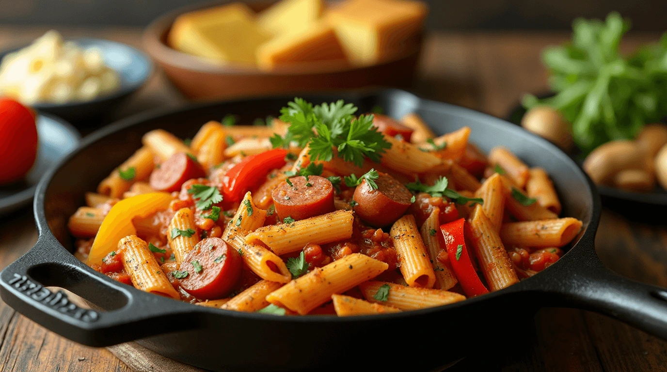 Delicious Cajun pastalaya with shrimp, sausage, and pasta served in a rustic bowl.