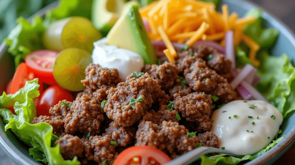 Healthy burger bowl with seasoned beef patty, fresh lettuce, avocado, tomatoes, pickles, and ranch dressing
