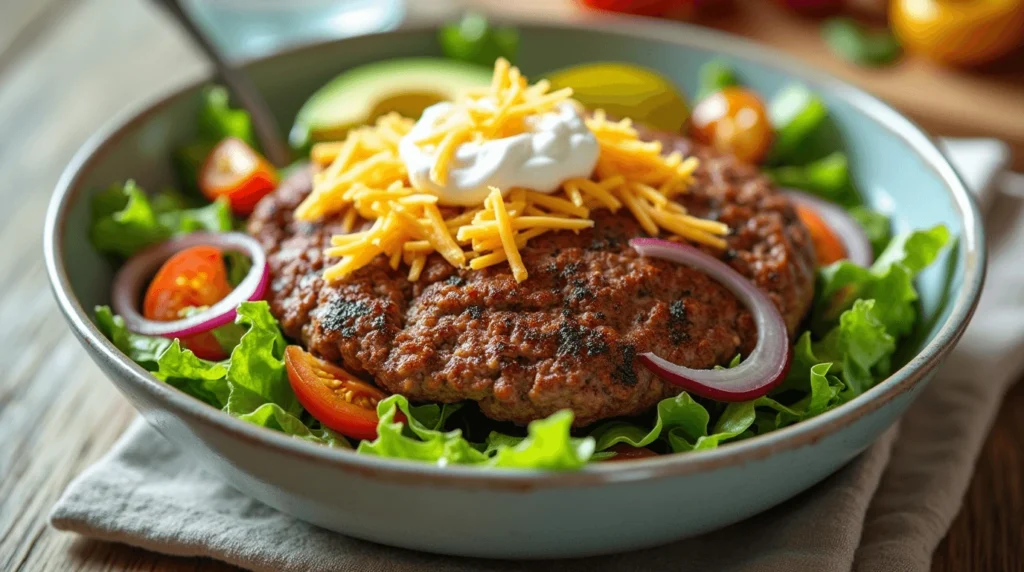 Delicious burger bowl with beef patty, avocado, lettuce, tomatoes, pickles, and creamy ranch dressing