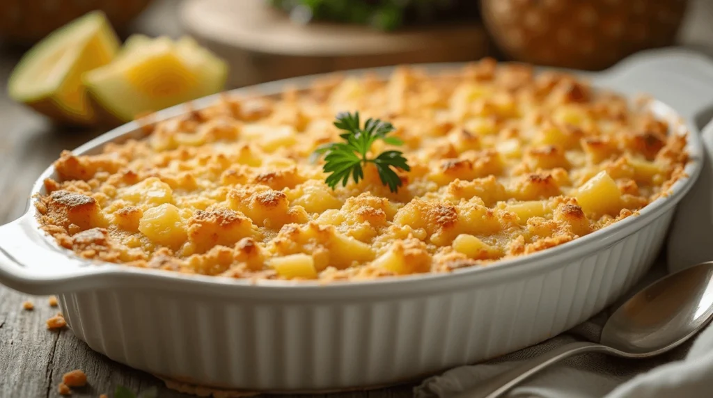 A golden pineapple casserole with a crispy Ritz cracker topping, served in a ceramic baking dish on a wooden table, garnished with fresh parsley.