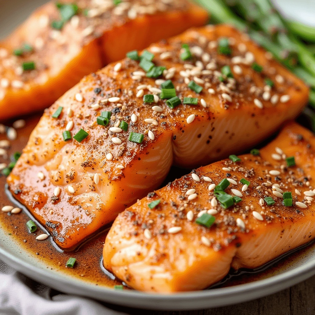 Salmon fillet coated with a flavorful Asian rub, garnished with lime wedges, cilantro, and chili flakes, served with steamed rice and vegetables.