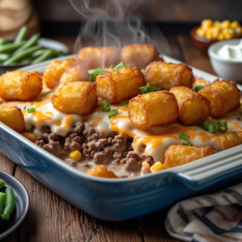 A freshly baked cowboy casserole in a rustic baking dish, topped with crispy golden tater tots, melted cheddar cheese, and a savory ground beef filling, served on a wooden table with a side of fresh herbs.