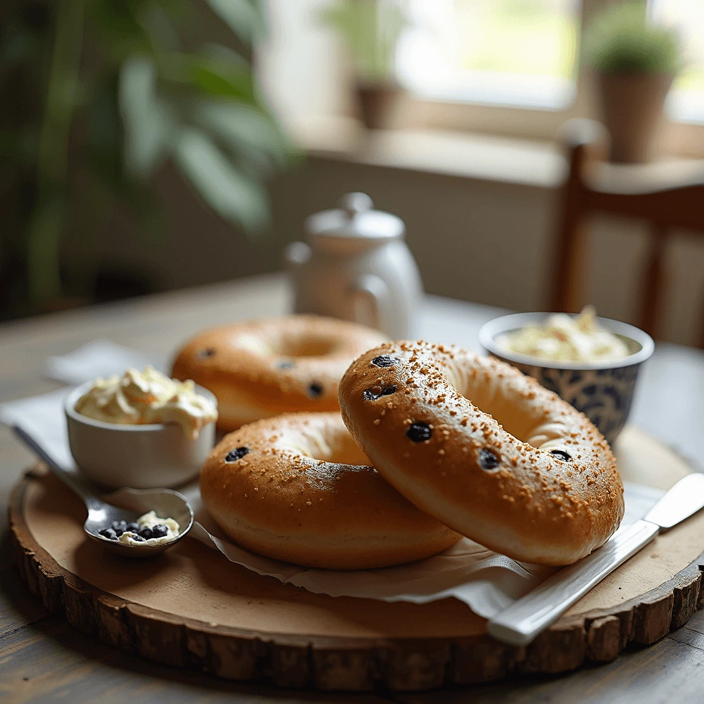 Freshly baked blueberry bagel with cream cheese on a wooden table.