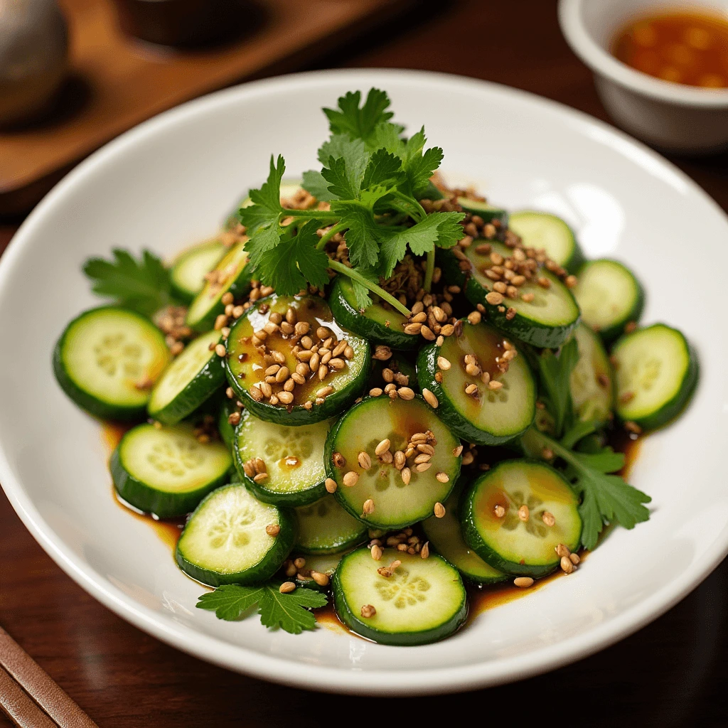 Din Tai Fung cucumber salad with sliced Persian cucumbers, soy sauce, sesame oil, garlic, and chili oil, garnished with sesame seeds and cilantro.
