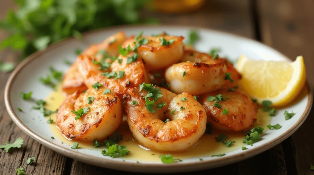 A delicious plate of shrimp and scallop pasta with creamy sauce and fresh herbs.