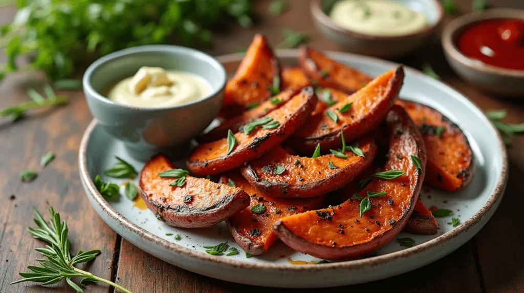 "Crispy roasted purple sweet potato wedges with garlic aioli and fresh herbs