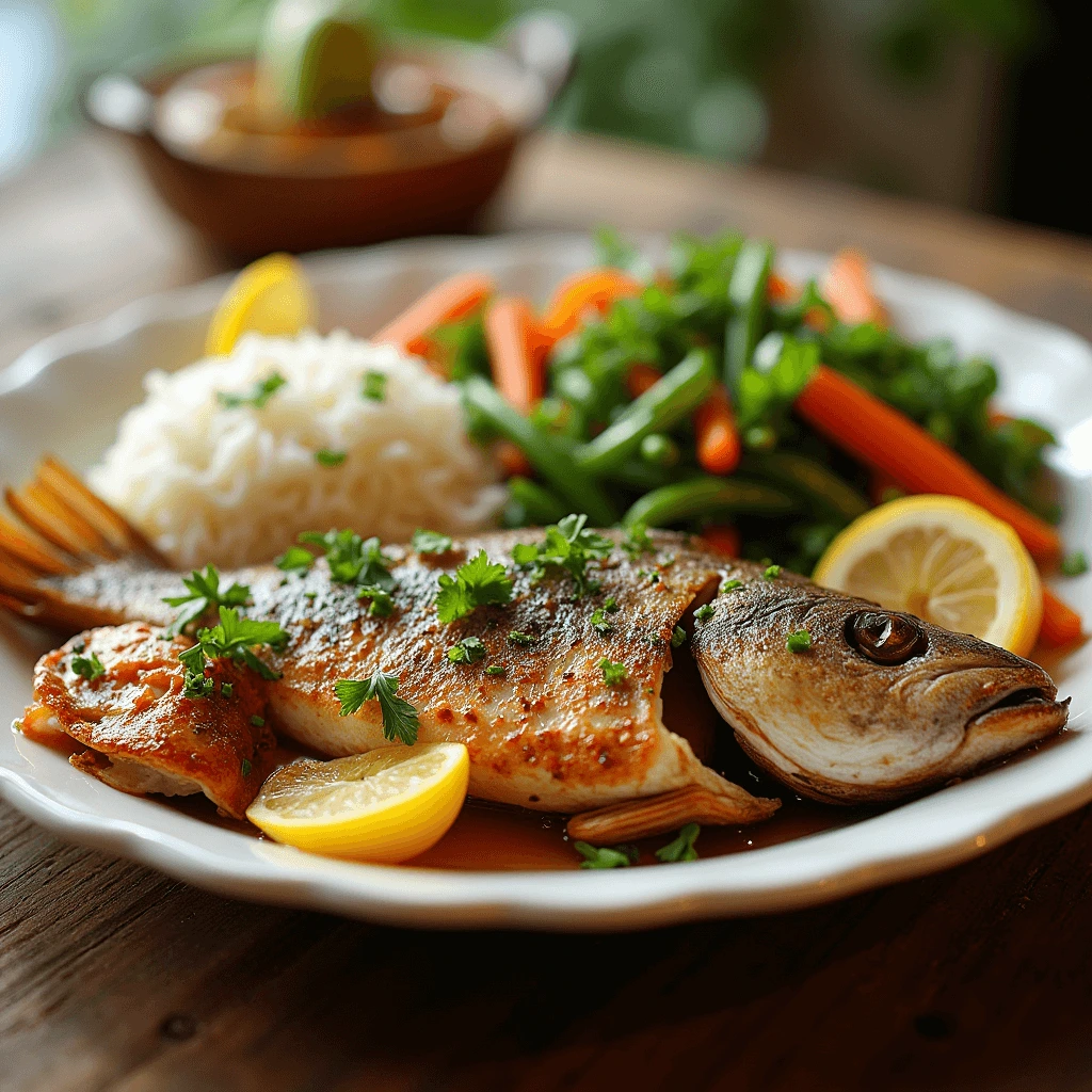 Deliciously cooked fish with fresh herbs and vegetables, served on a rustic plate.