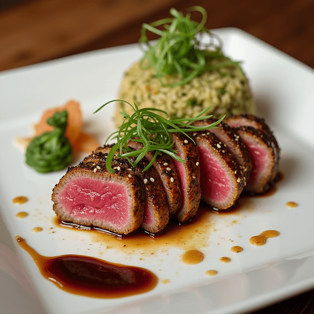 Perfectly seared ahi tuna steak with a golden crust and pink center, garnished with sesame seeds and green onions, served with fresh vegetables and rice.