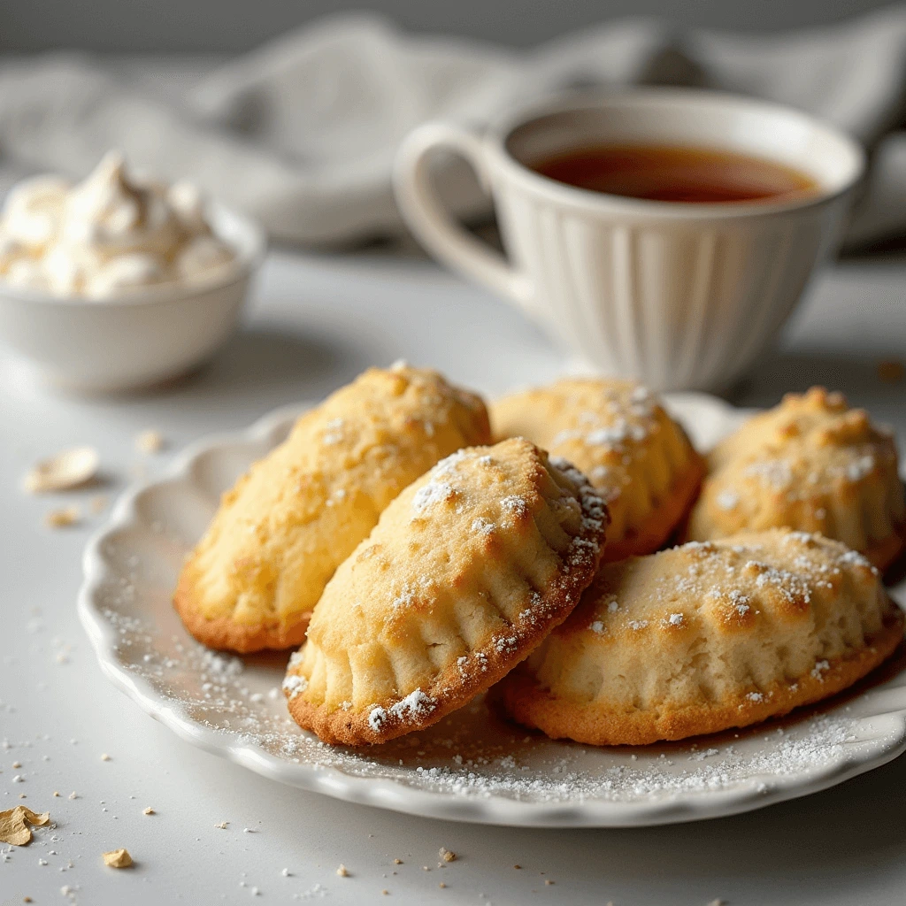 Madeleine cookies made with cream, golden brown and fluffy, served with powdered sugar and a cup of tea.