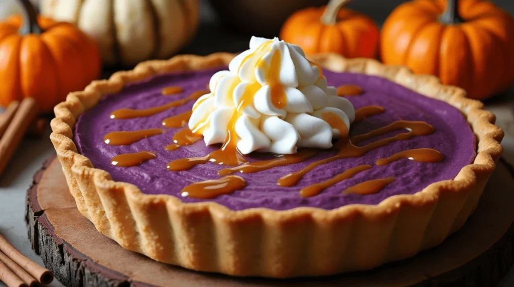 Purple sweet potato pie with golden crust, whipped cream, and caramel drizzle
