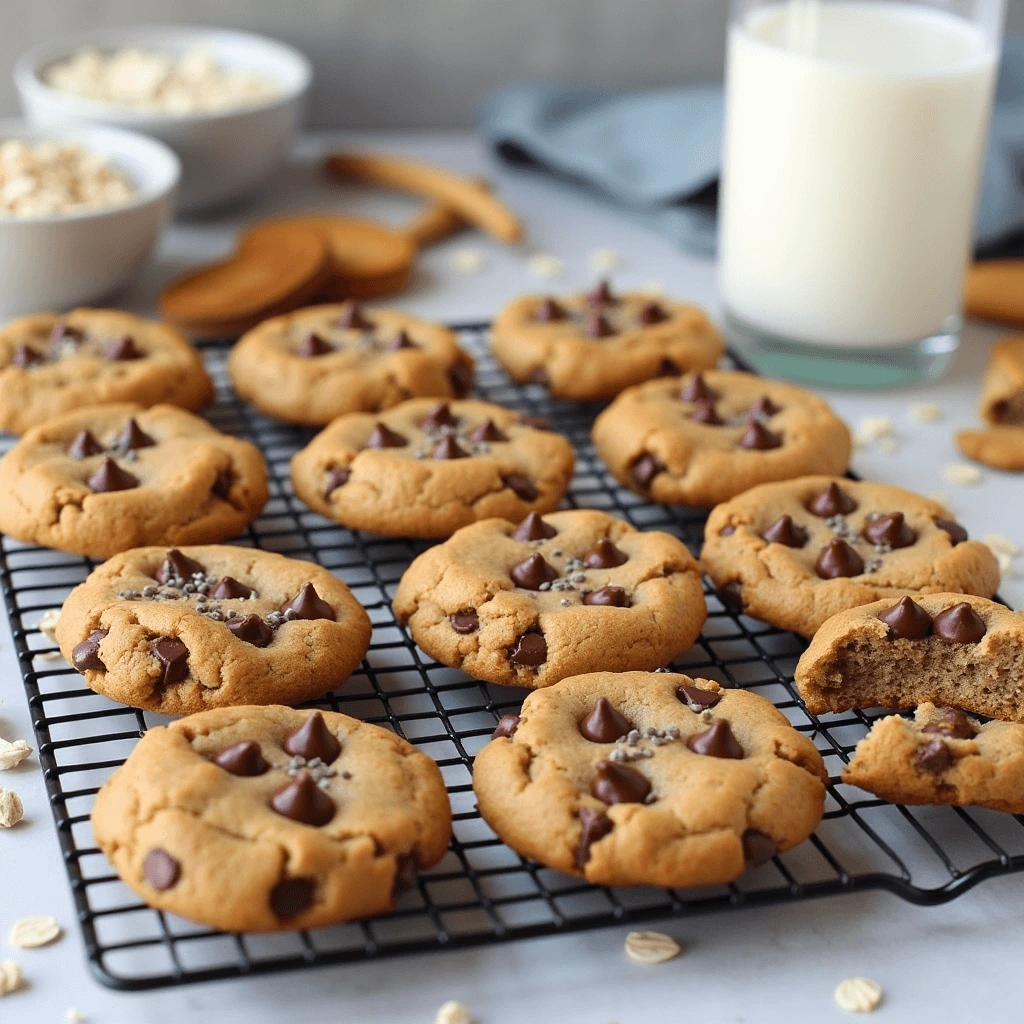 Freshly baked protein cookies with chocolate chips, chia seeds, and oats on a cooling rack, with ingredients like almond flour and peanut butter in the background.