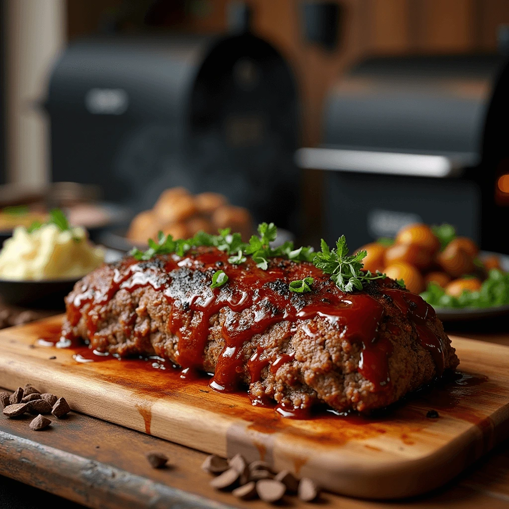 Smoked meatloaf glazed with BBQ sauce on a wooden board with fresh herbs