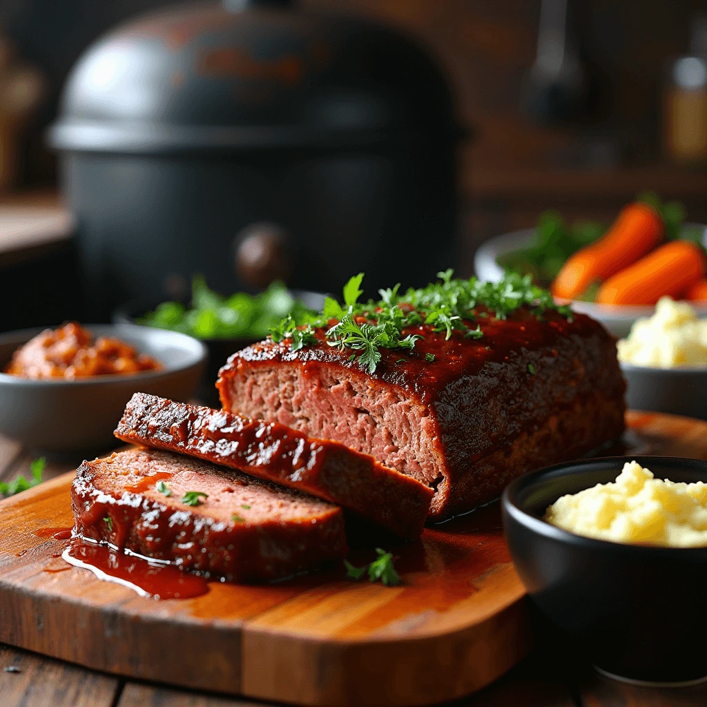 Smoked meatloaf with a glossy BBQ glaze on a wooden cutting board with fresh herbs