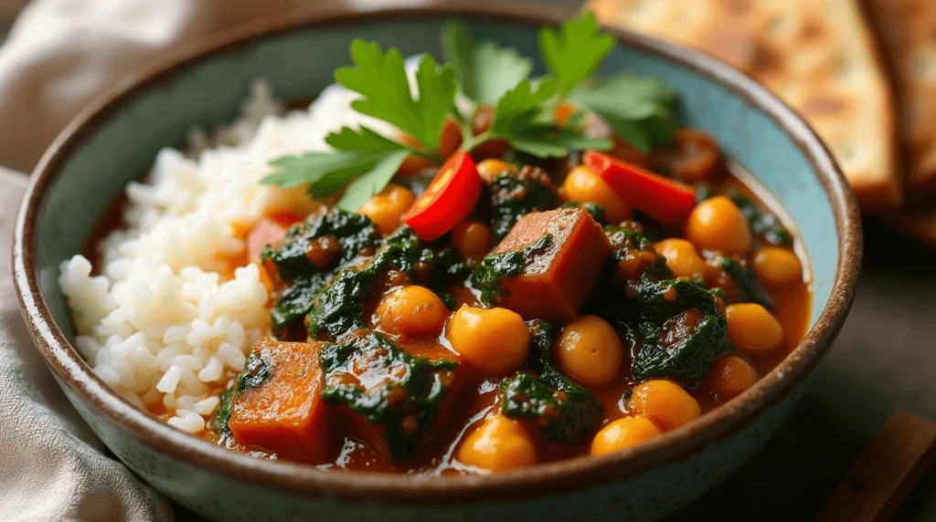 Vegan purple sweet potato curry with chickpeas, spinach, and coconut milk served over jasmine rice