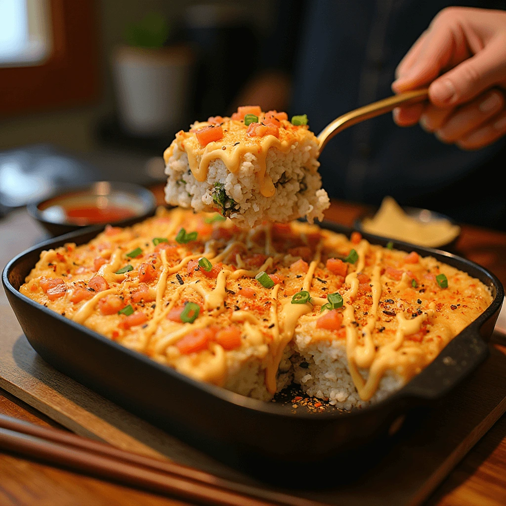 A delicious sushi bake in a casserole dish with layers of seasoned sushi rice, creamy crab and salmon topping, drizzled with spicy mayo, and sprinkled with furikake. Served with crispy nori sheets on the side.
