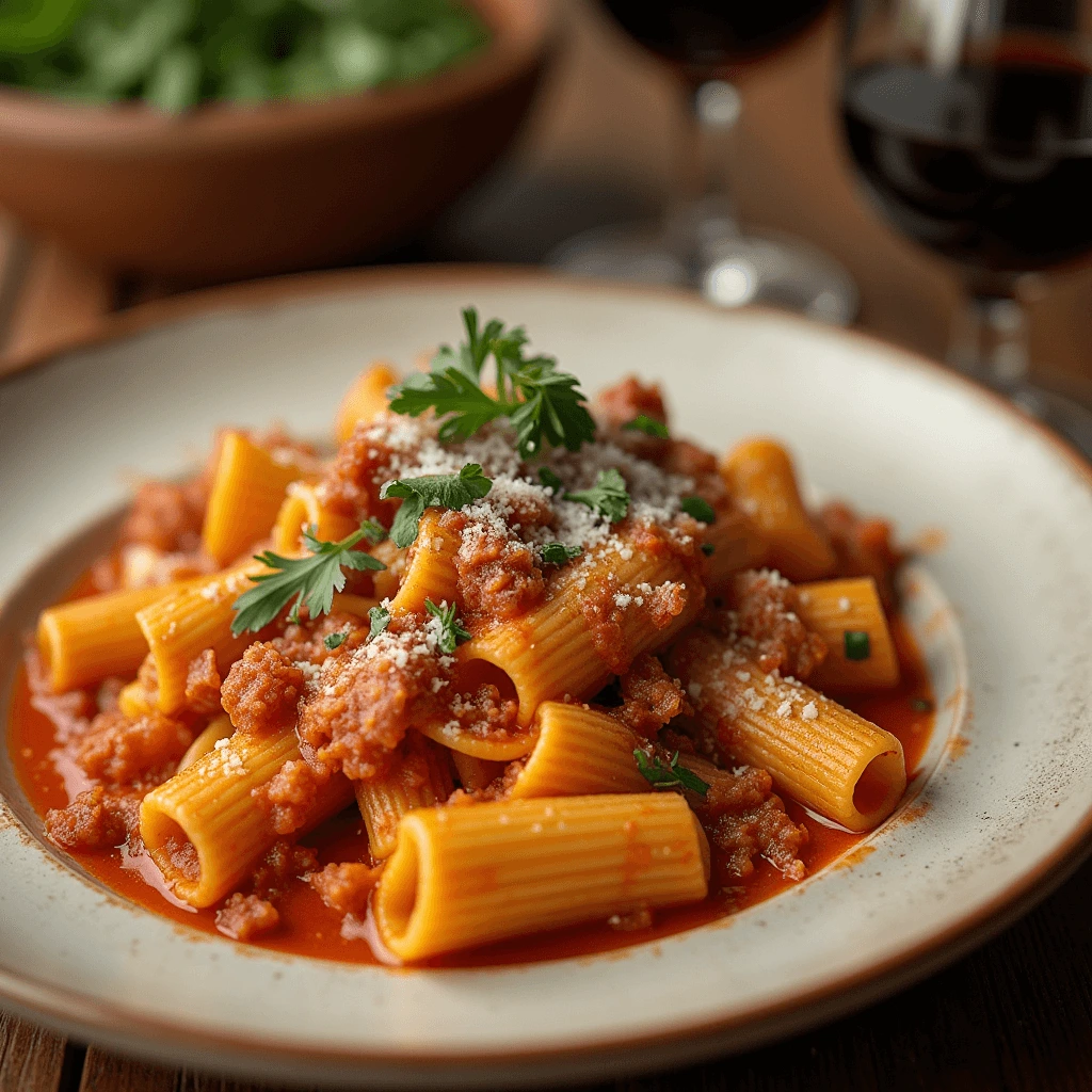 Plate of Rigatoni alla Grassa with creamy pancetta sauce and Parmesan garnish.