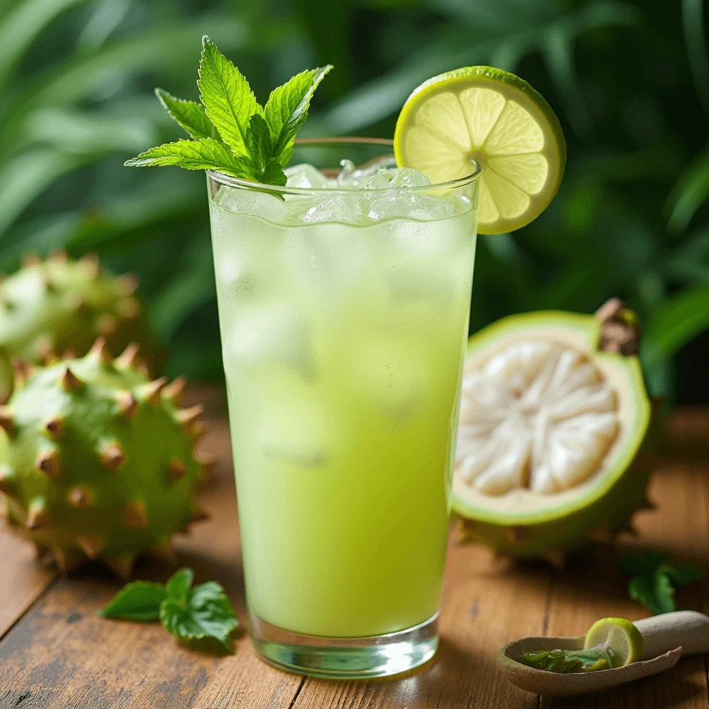 Refreshing soursop drink with ice cubes, lime slice, and mint leaves served in a clear glass beside ripe soursop fruit on a tropical wooden table.