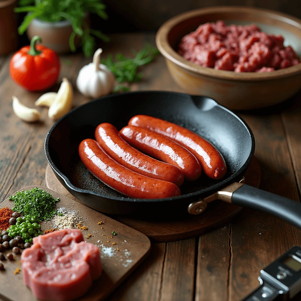 Homemade beef sausages cooking in a skillet with spices, fresh herbs, and a sausage maker on the kitchen counter.
