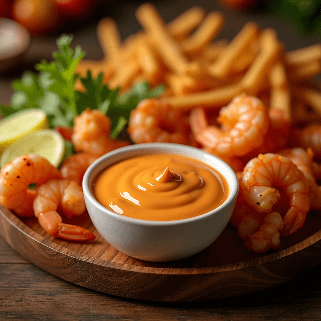 A creamy Bang Bang Sauce in a small bowl, surrounded by crispy shrimp, golden fries, and fresh vegetables on a rustic wooden table