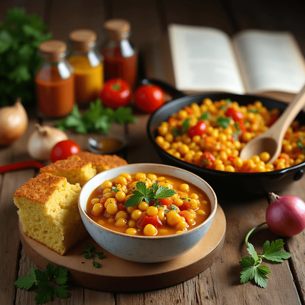 Variety of hominy recipes including a creamy hominy stew, hominy stir-fry, and fresh ingredients.