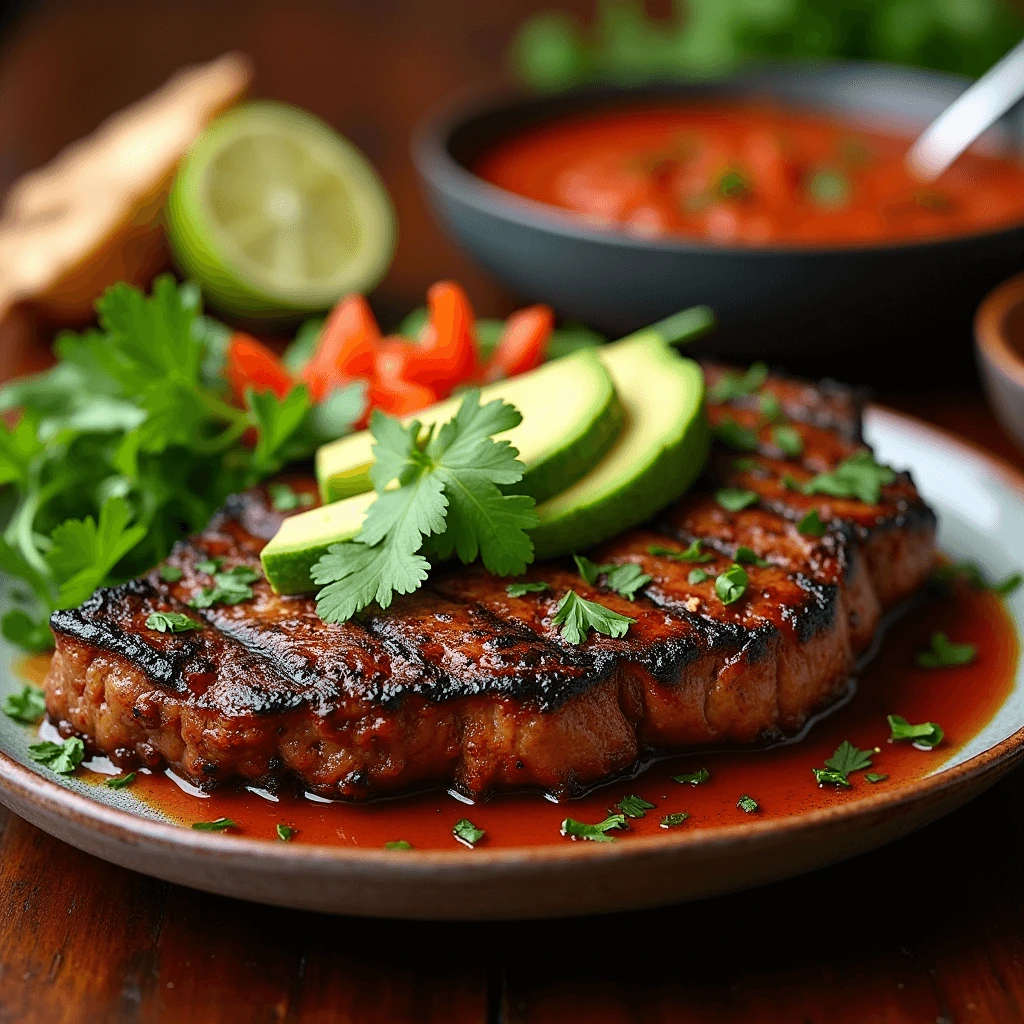 Delicious chipotle steak topped with cilantro, avocado, and lime, served with grilled vegetables and salsa.