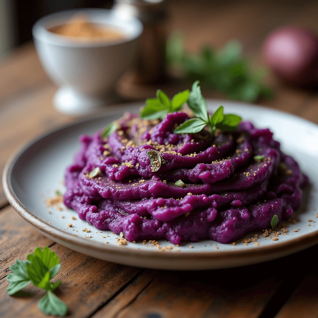 Purple sweet potato dish with slices, mashed potatoes, and fresh herbs for garnish.
