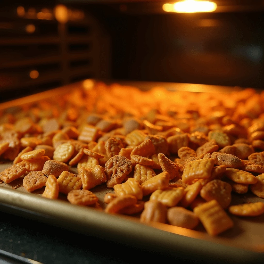 Oven-baked Chex Mix with pretzels, nuts, and seasoned Chex cereal on a baking tray.