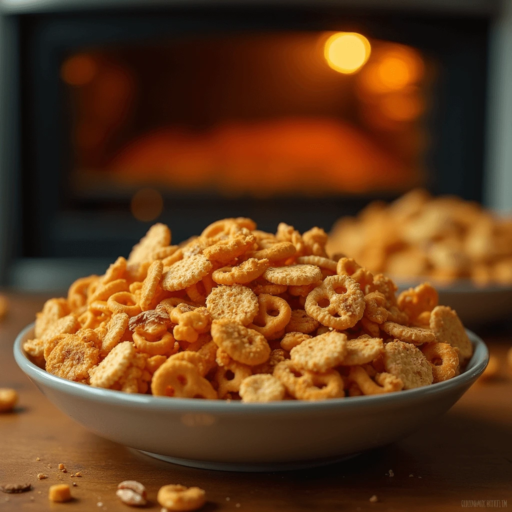 A freshly baked batch of Chex Mix with pretzels, nuts, and crispy cereal, golden brown and ready to serve.